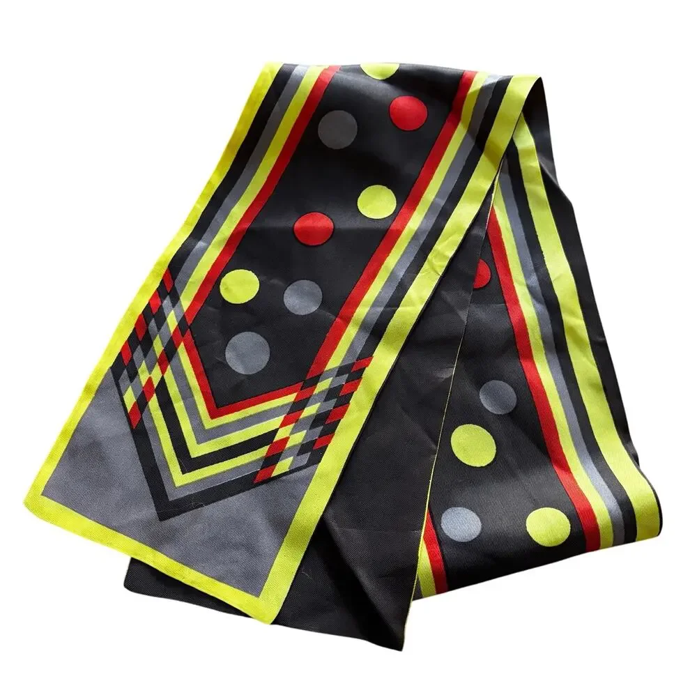 Vintage 70's silky scarf neck tie rectangle gray yellow orange black geometric